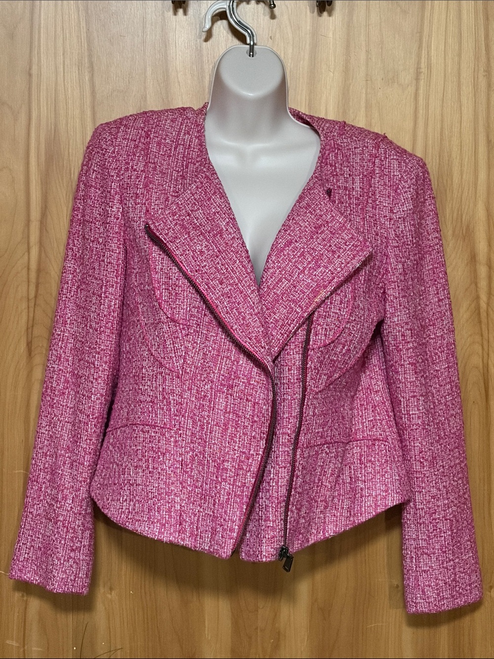 Elie Tahari Pink Tweed Zip-Front Blazer